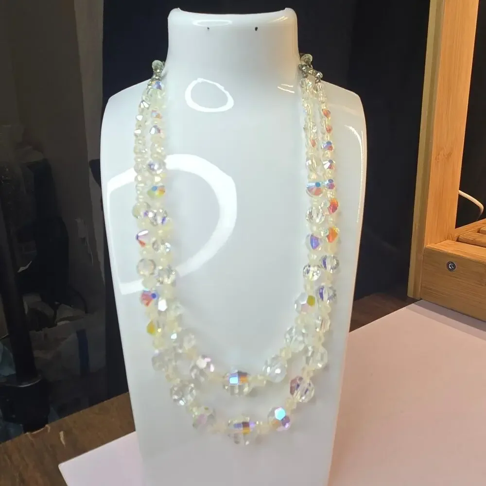 Vintage 1950s Aurora Borealis Crystal Double Strand Necklace Graduated Bead